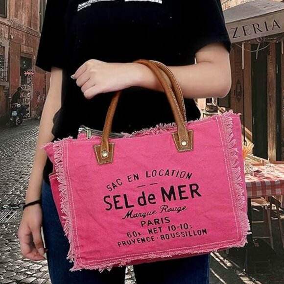 Neiman Marcus LE CAFE DE LA PLACE PROVENCE Canvas Leather Tote Bag - Picture 1 of 7